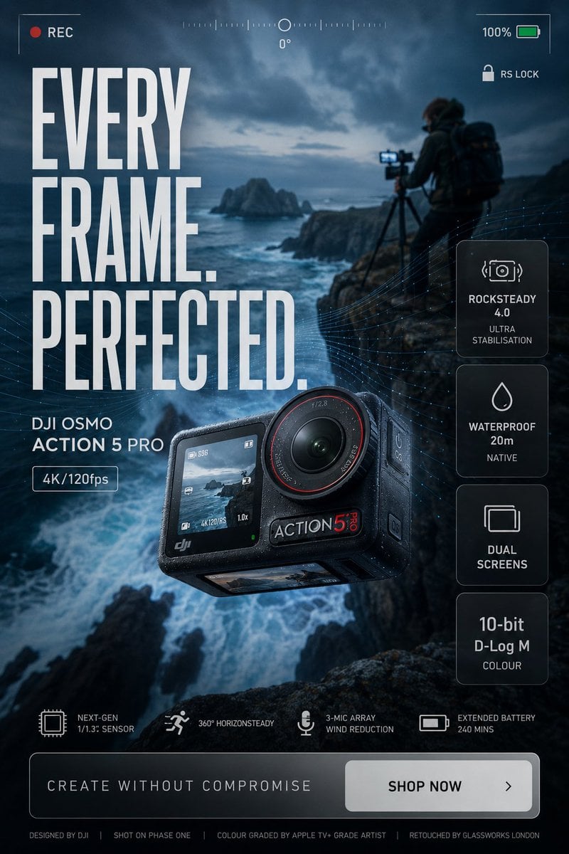 Ultra-high-end commercial product advertisement poster for GoPro HERO action cam