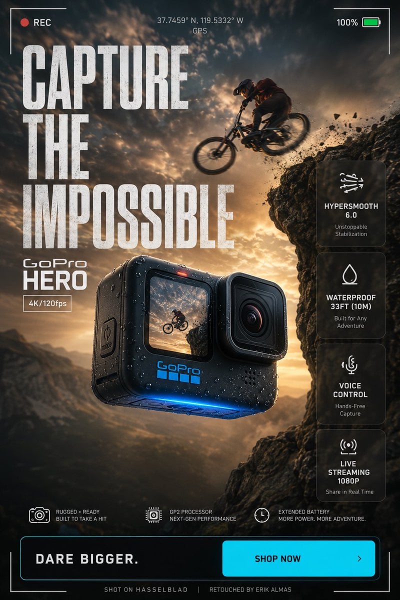 Ultra-high-end commercial product advertisement poster for GoPro HERO action cam