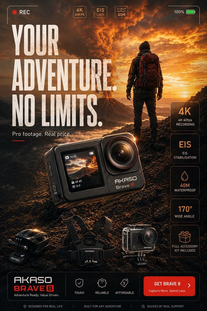 Ultra-high-end commercial product advertisement poster for GoPro HERO action cam