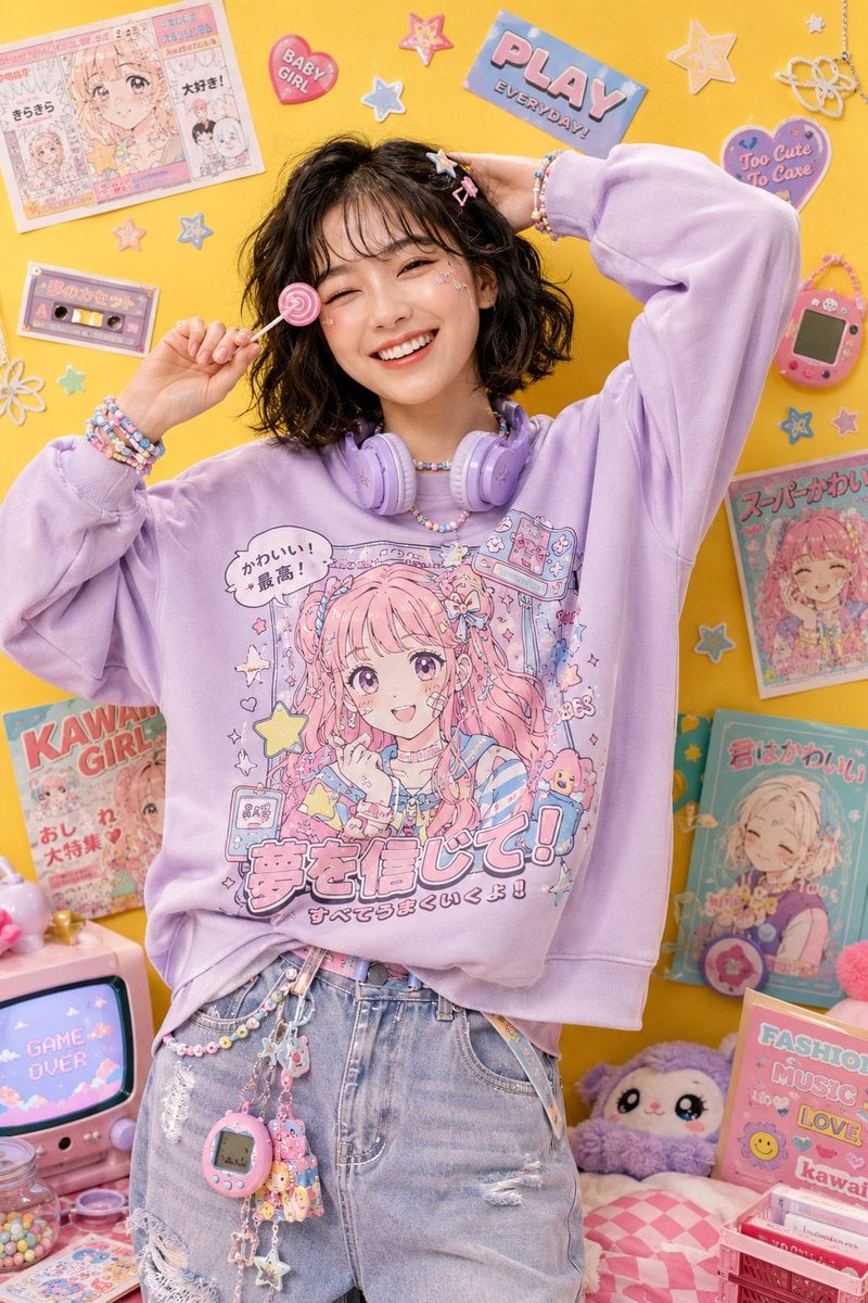 Playful kawaii-inspired studio fashion editorial featuring a cheerful young Asia