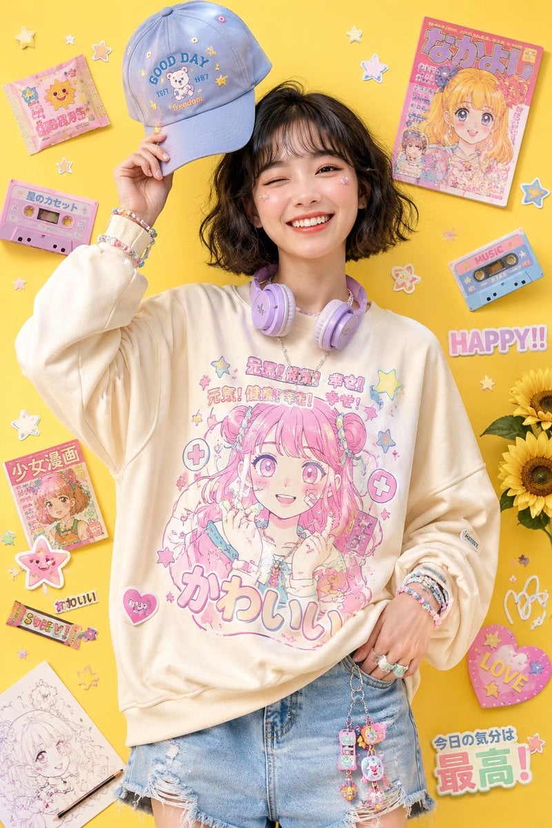 Playful kawaii-inspired studio fashion editorial featuring a cheerful young Asia