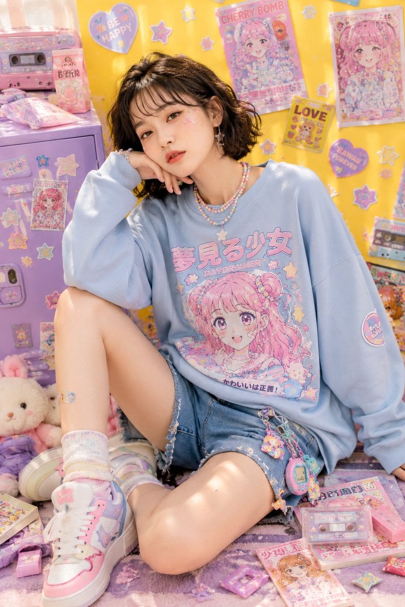 Playful kawaii-inspired studio fashion editorial featuring a cheerful young Asia