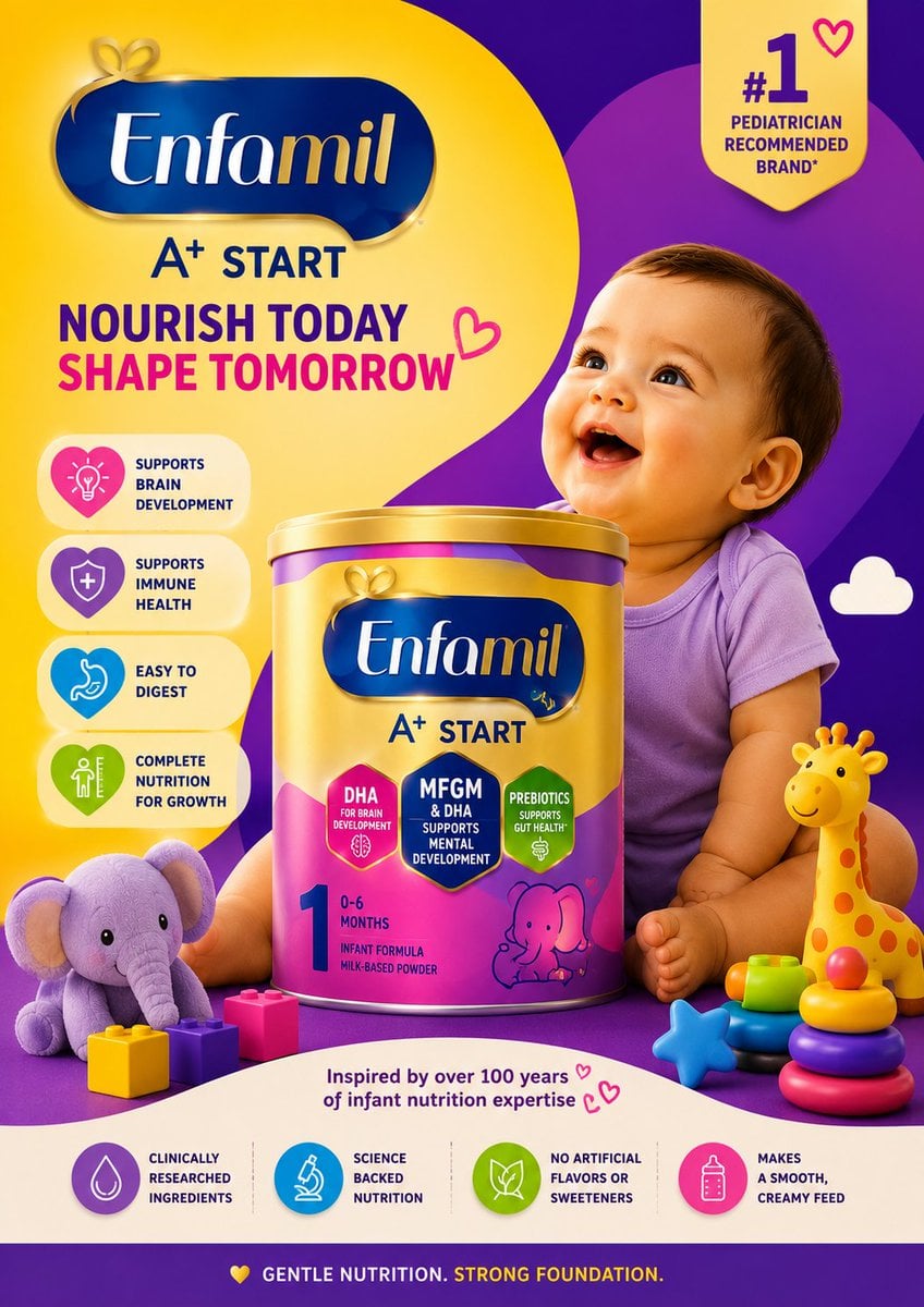 Ultra-premium commercial baby formula advertisement poster for a famous infant m