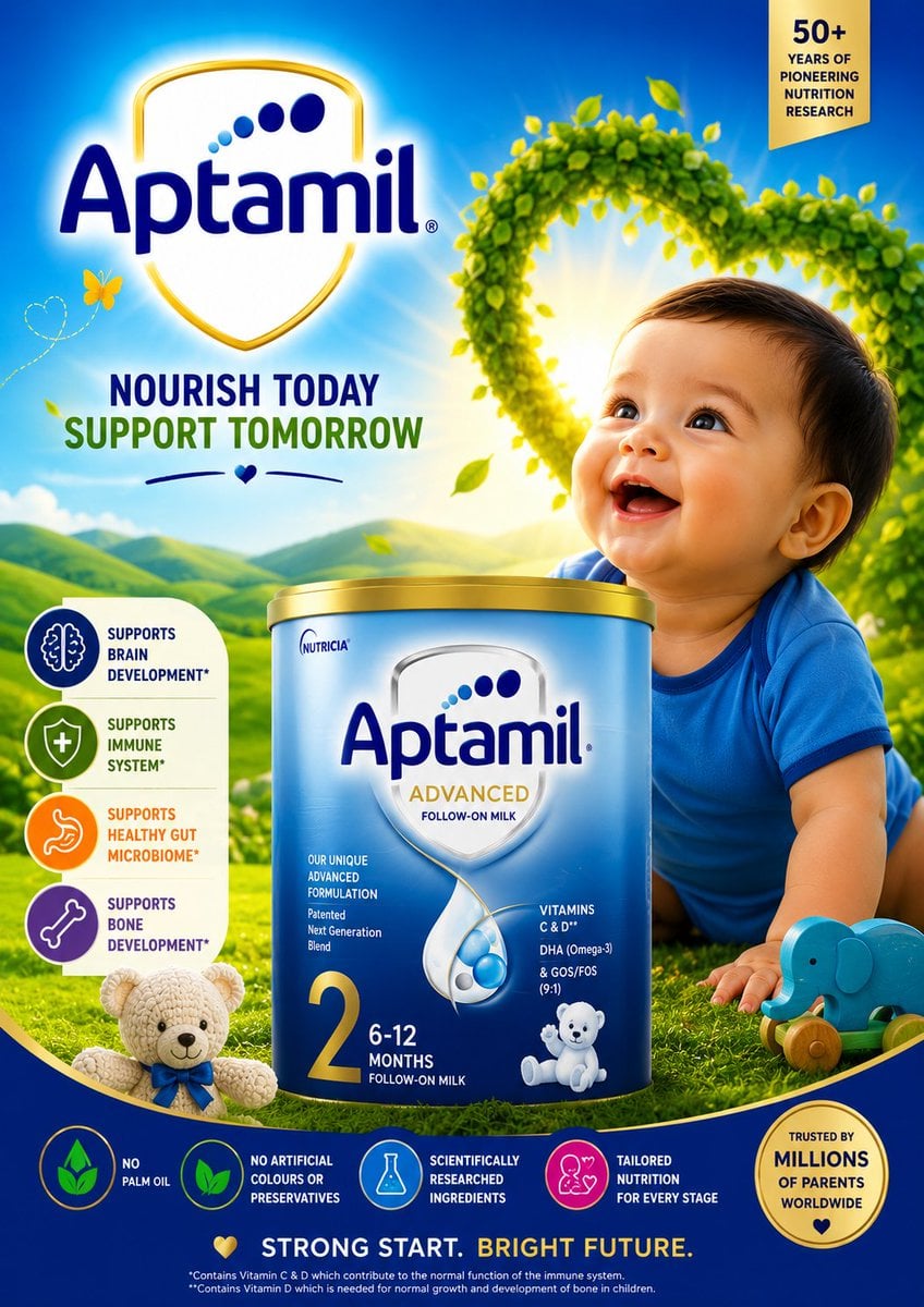 Ultra-premium commercial baby formula advertisement poster for a famous infant m