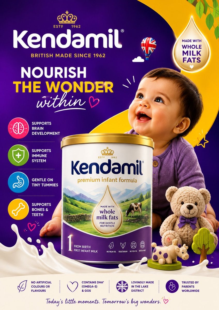Ultra-premium commercial baby formula advertisement poster for a famous infant m