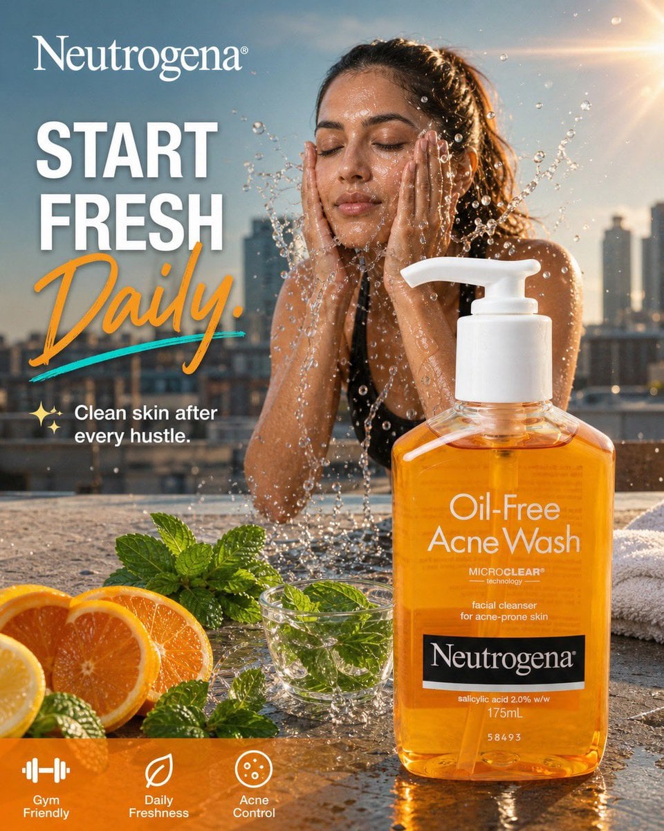 Ultra-realistic luxury skincare advertisement for Neutrogena Oil-Free Acne Wash,