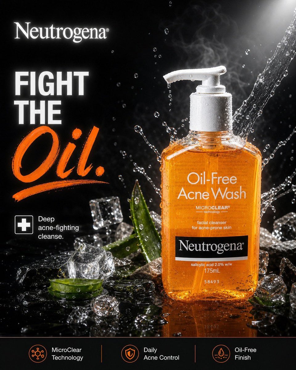 Ultra-realistic luxury skincare advertisement for Neutrogena Oil-Free Acne Wash,