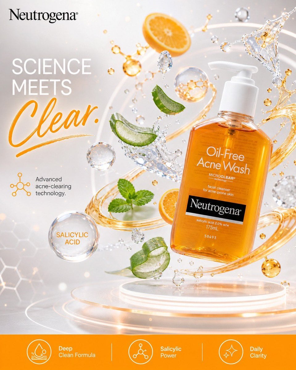 Ultra-realistic luxury skincare advertisement for Neutrogena Oil-Free Acne Wash,