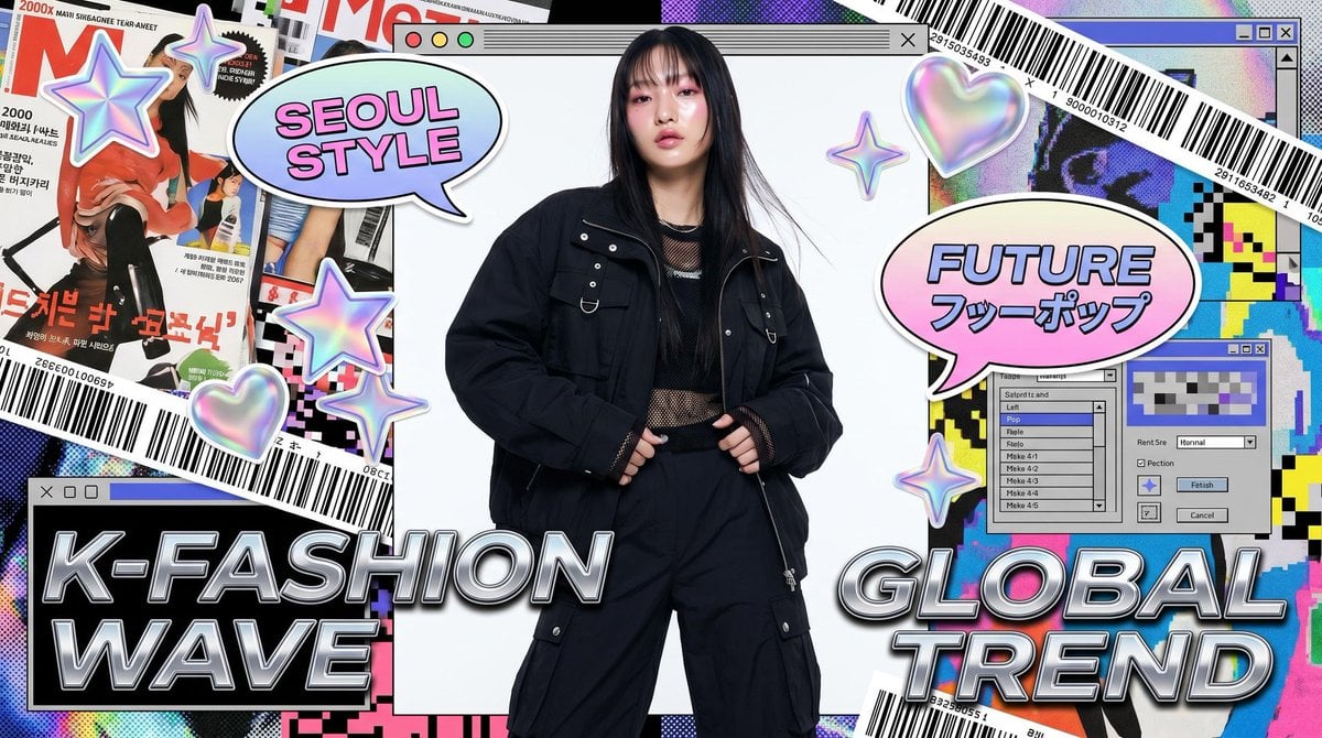 Ultra-stylized high-fashion editorial poster of a confident young Asian female m