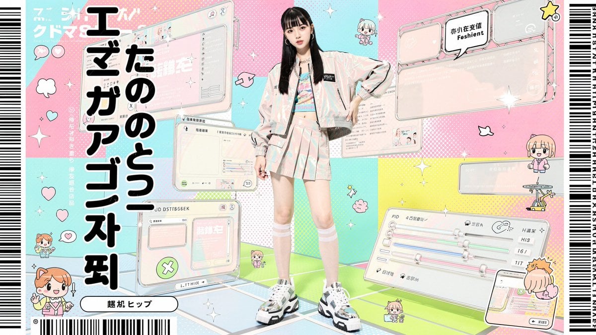 Ultra-stylized high-fashion editorial poster of a confident young Asian female m