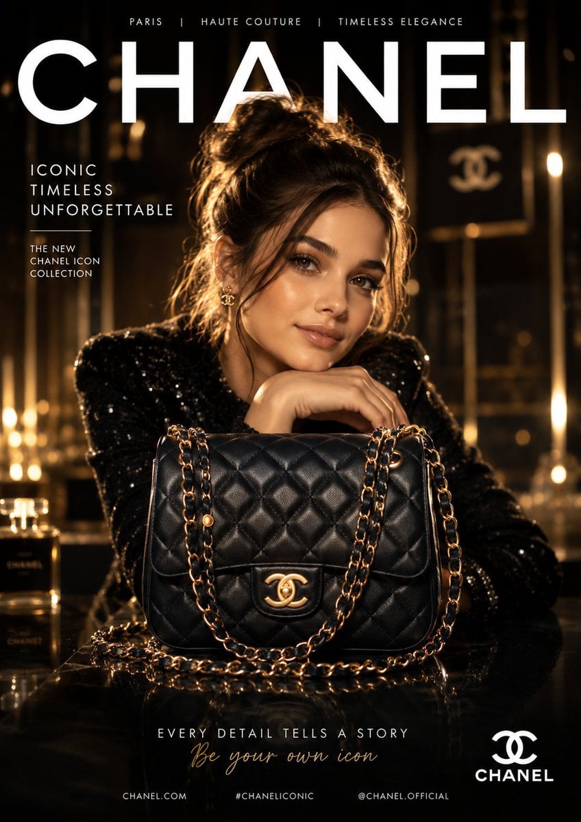 Create an ultra-premium luxury fashion campaign poster inspired by elite Europea