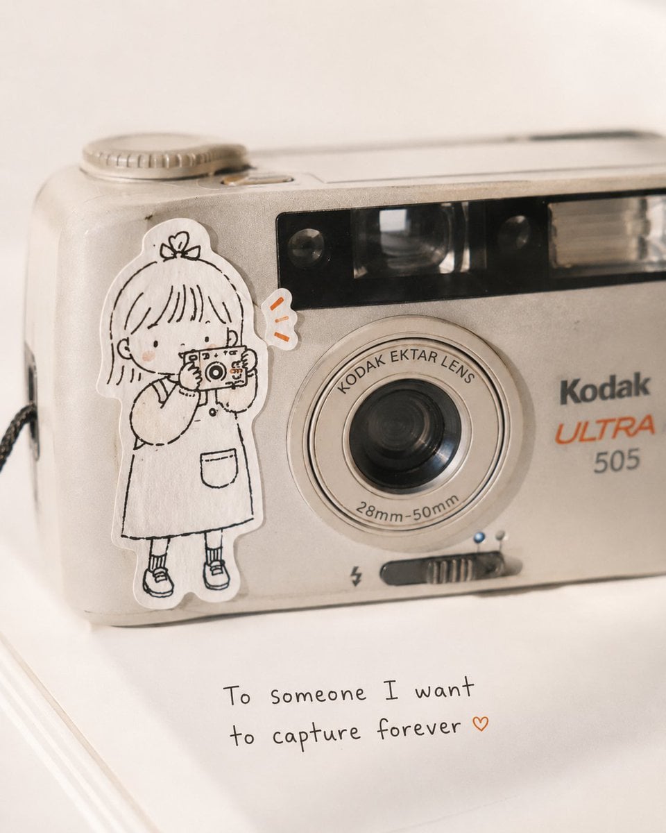 Ultra-realistic close-up product photography of a vintage silver compact Kodak p