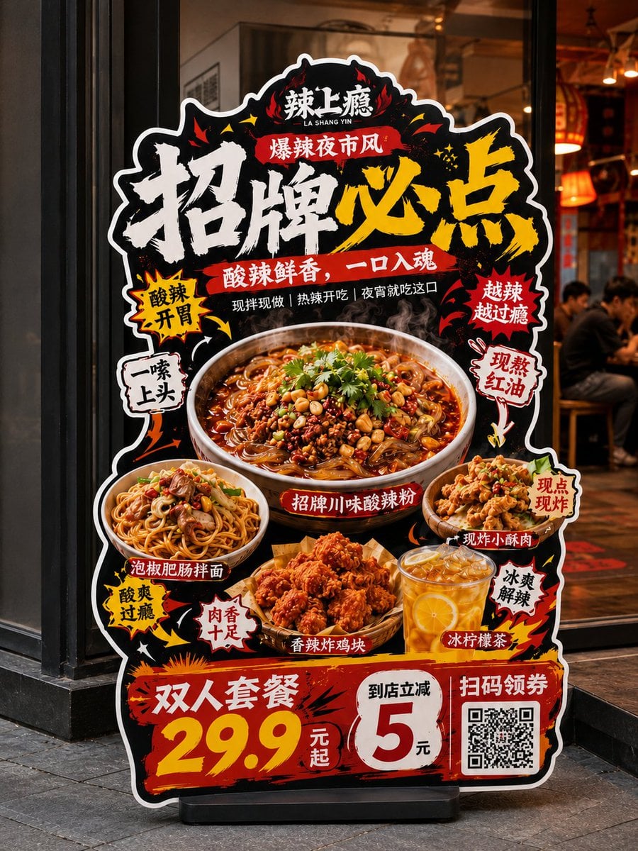 请生成一张高完成度的「餐饮异形展架 / 立牌」设计图，用于展示餐饮门店的新品推荐、招牌产品、套餐促销或品牌活动信息。

【基础信息】
品牌名：[品牌名]
主标题