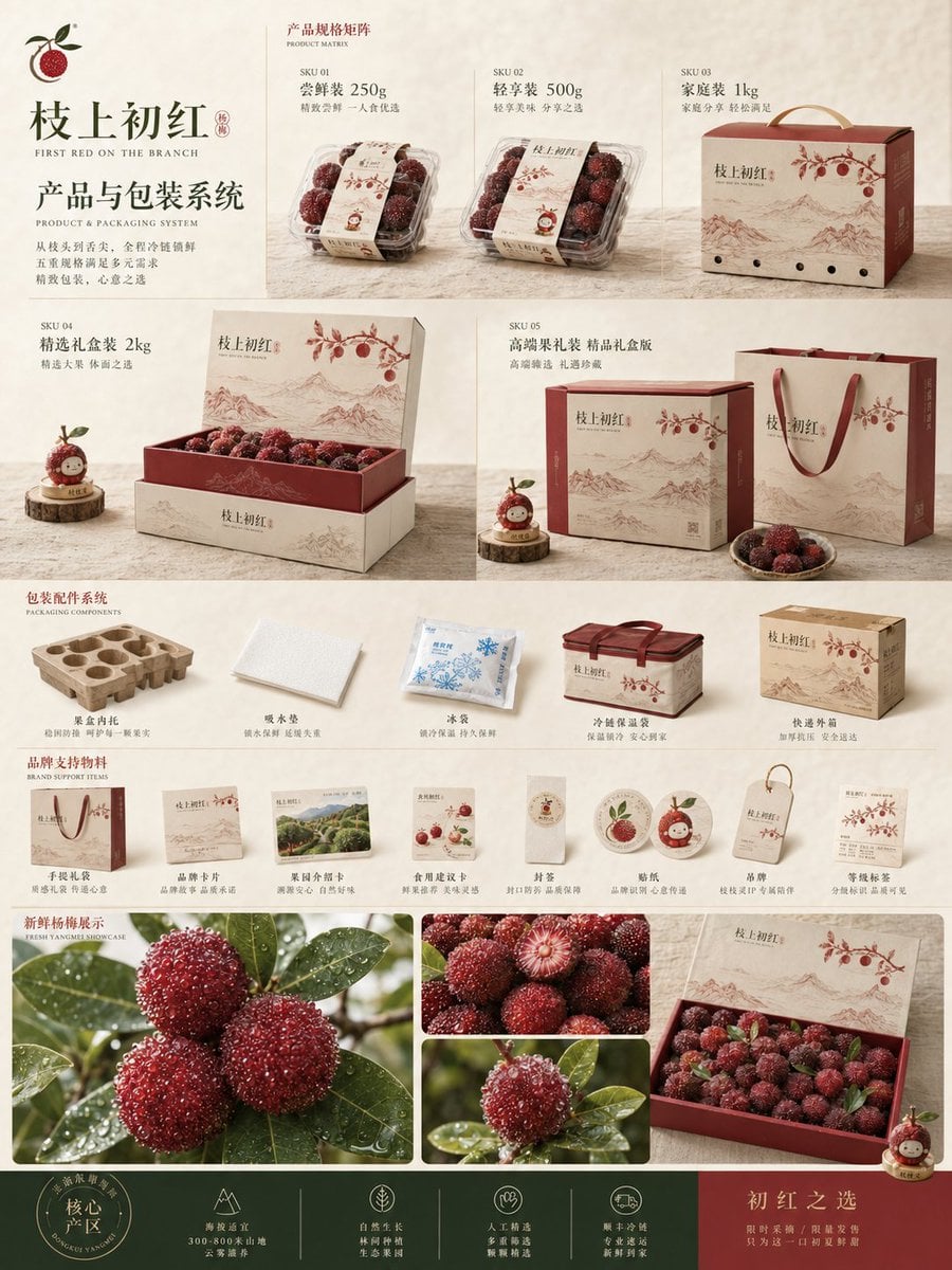 请根据以下设定，创作一套高完成度、具有统一视觉系统的「原创鲜果电商品牌商品化提案 / 4-Board Fresh Fruit Brand Commerciali