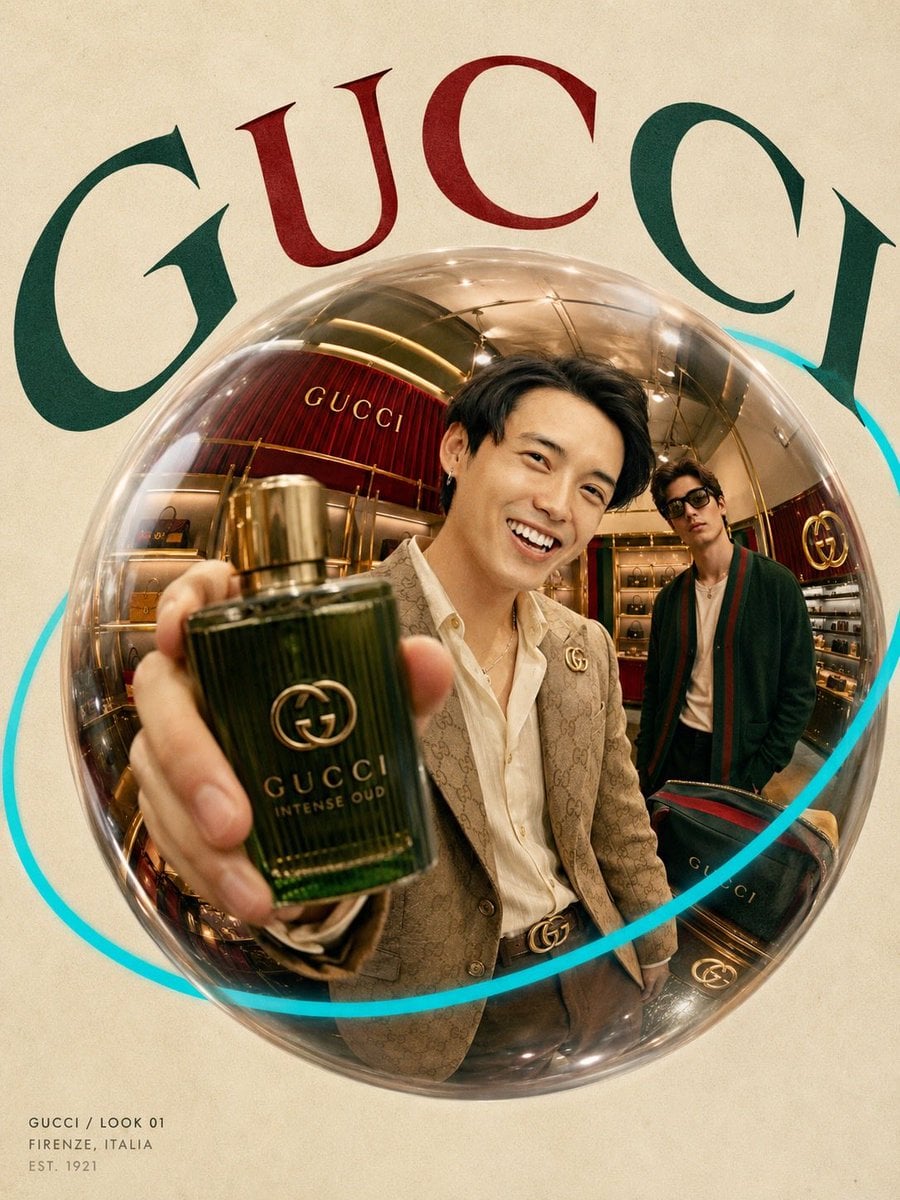 Ultra-stylized futuristic brand campaign poster inside a premium flagship store 