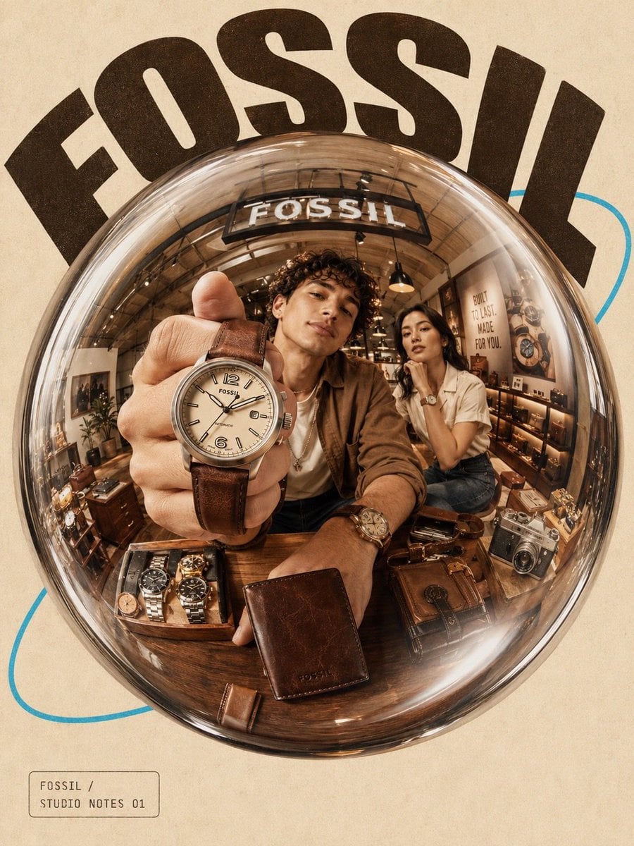 Ultra-stylized futuristic brand campaign poster inside a premium flagship store 
