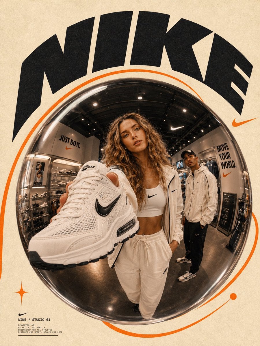 Ultra-stylized futuristic brand campaign poster inside a premium flagship store 