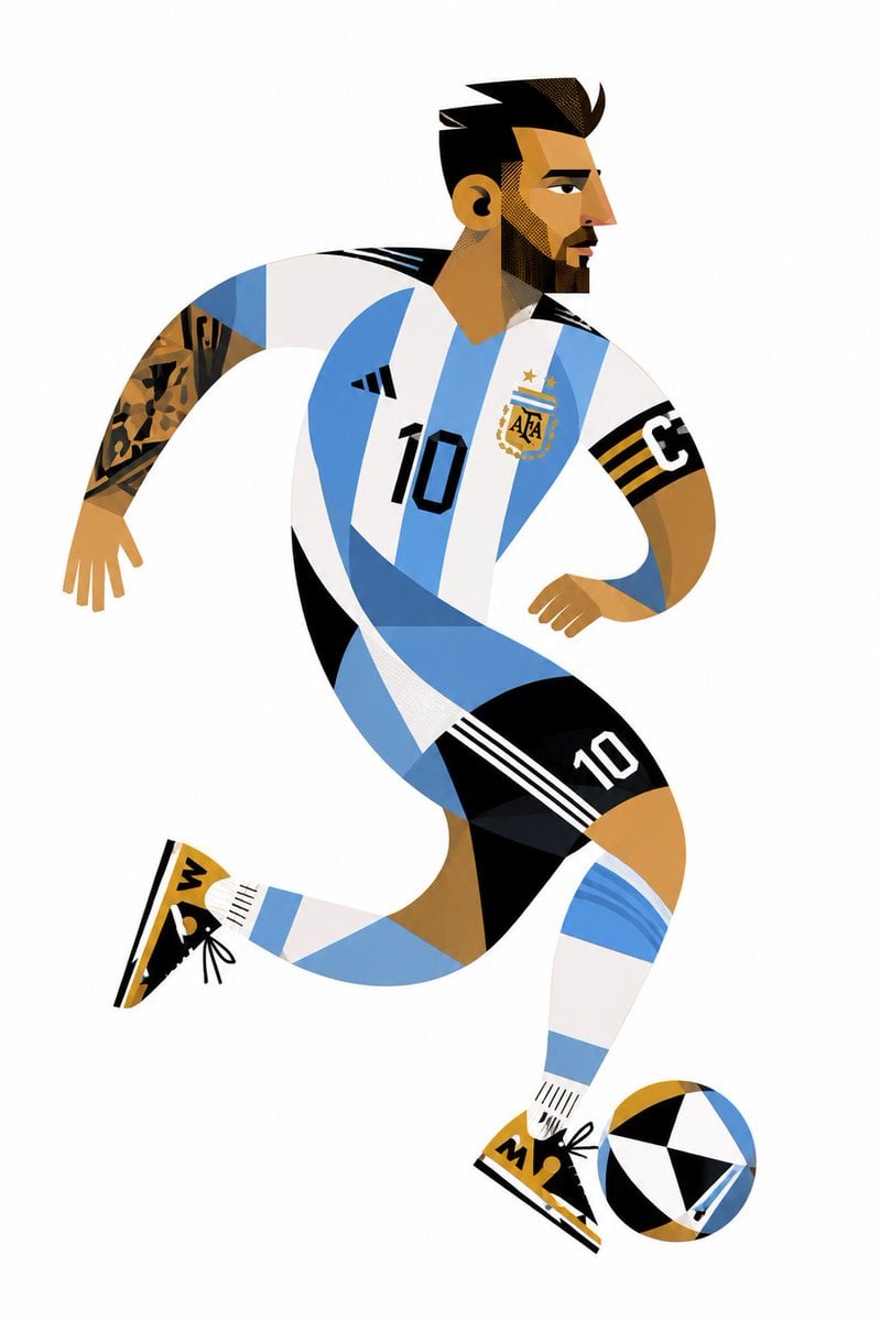 Create a stylized geometric cubist sports illustration poster featuring four leg