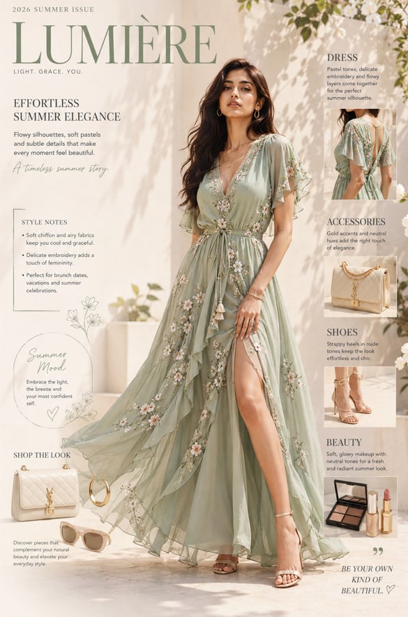A high-fashion editorial cover featuring an elegant Indian model in a sunlit min