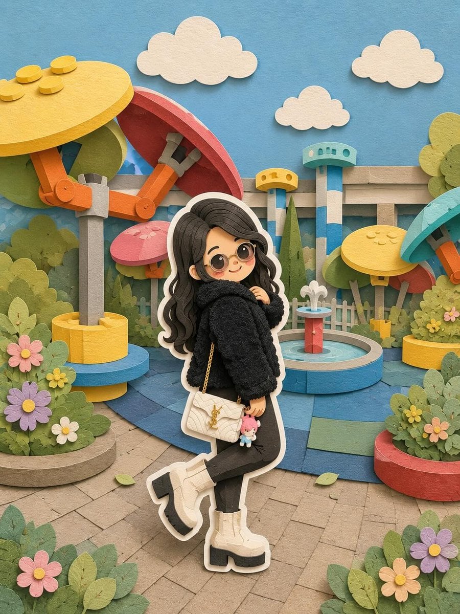 Cute layered paper-cut art style illustration of a chibi girl with big expressiv
