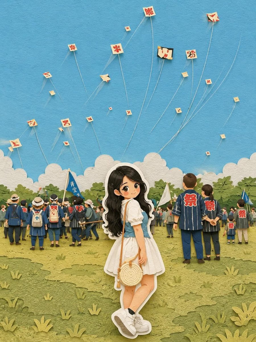 Cute layered paper-cut art style illustration of a chibi girl with big expressiv
