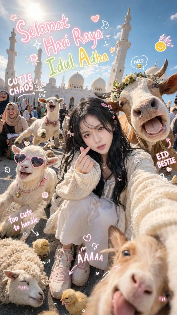 Ultra-realistic super cute chaotic Eid al-Adha selfie photograph in front of a d
