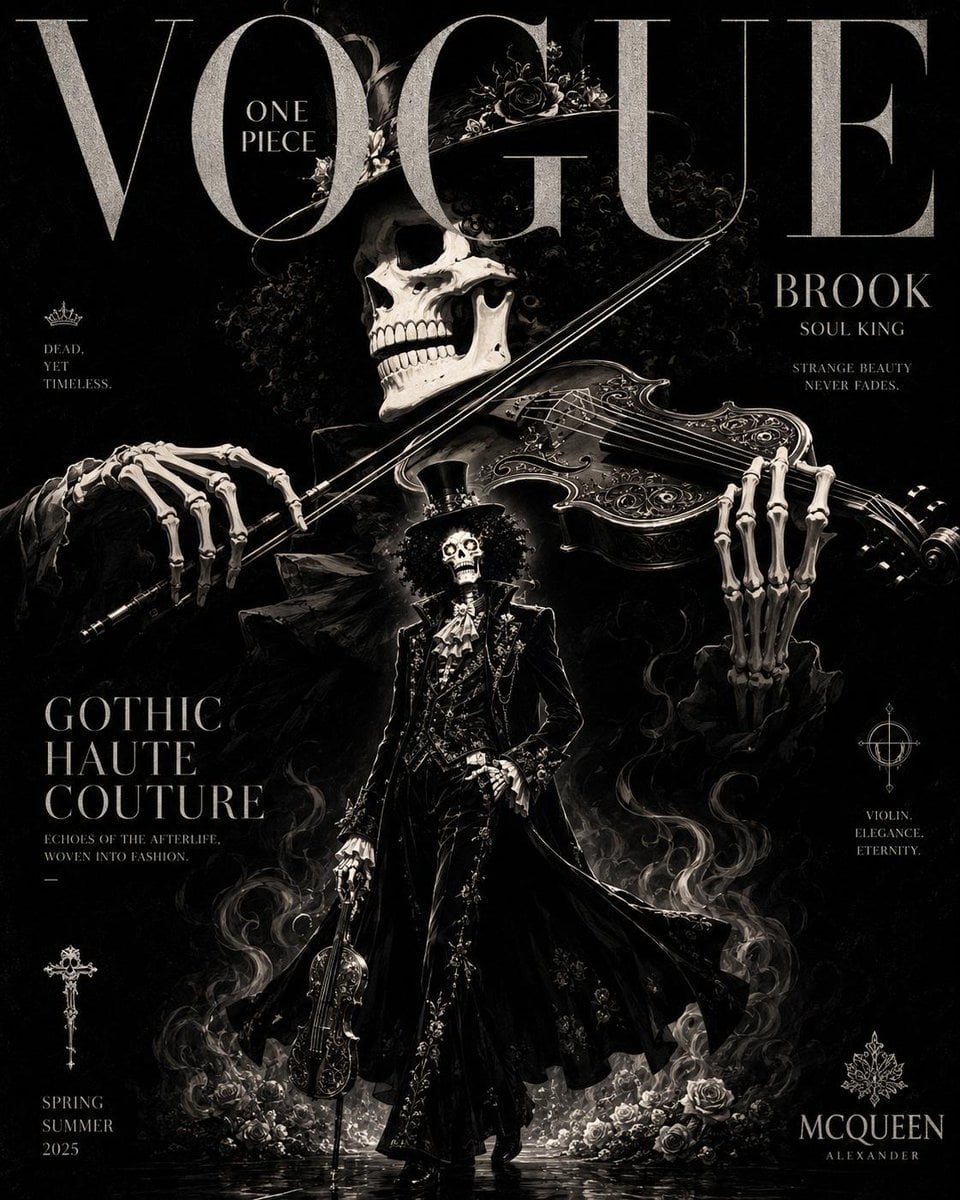 Luxury anime fashion magazine cover inspired by Vogue and haute couture editoria