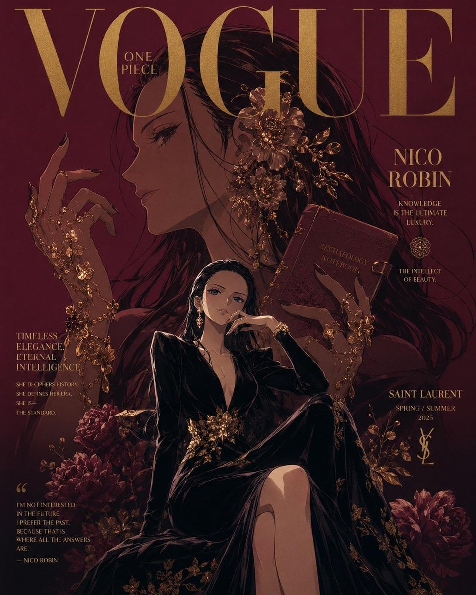 Luxury anime fashion magazine cover inspired by Vogue and haute couture editoria