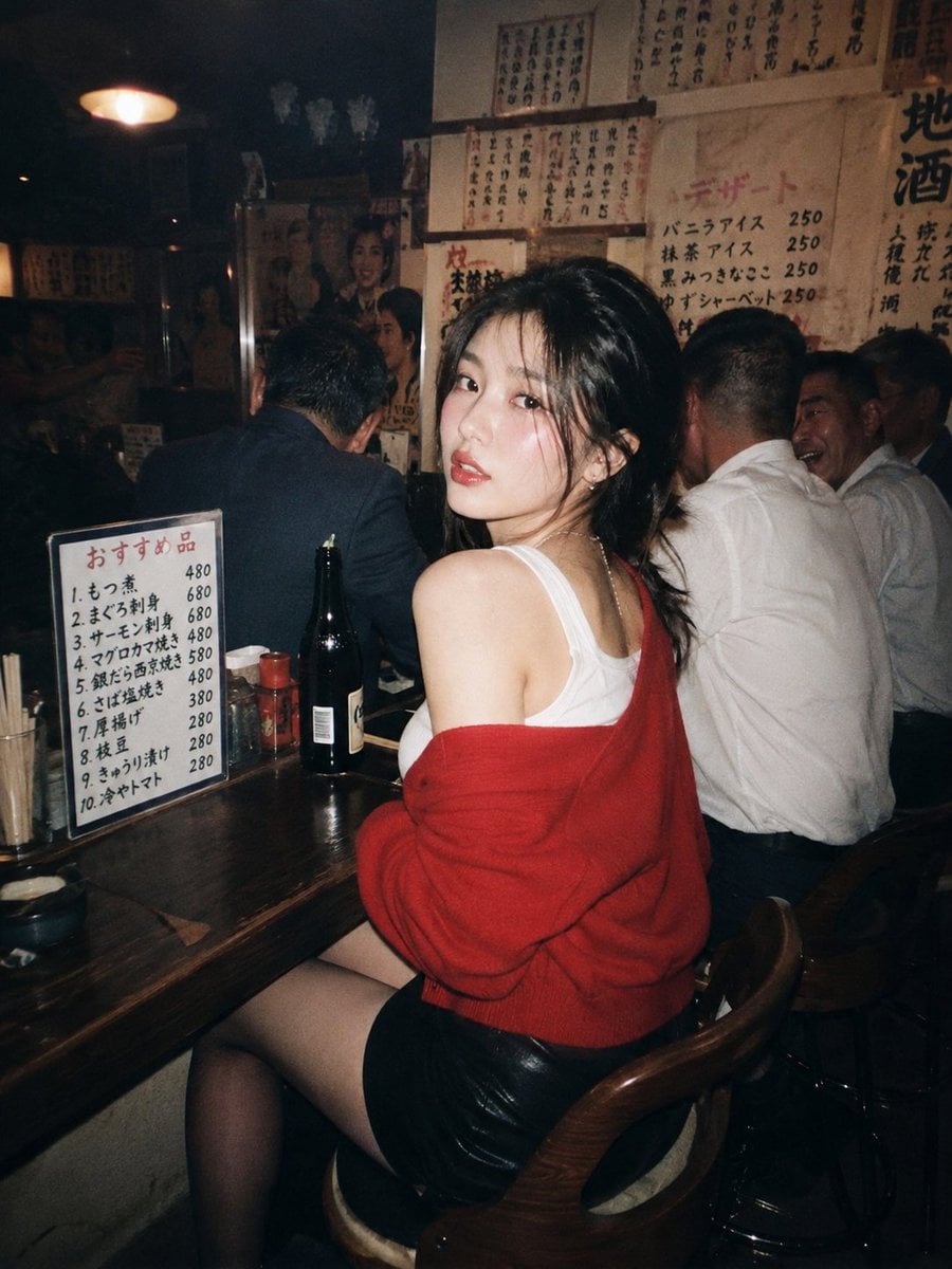 A beautiful young East Asian woman with long dark wavy hair and striking makeup,