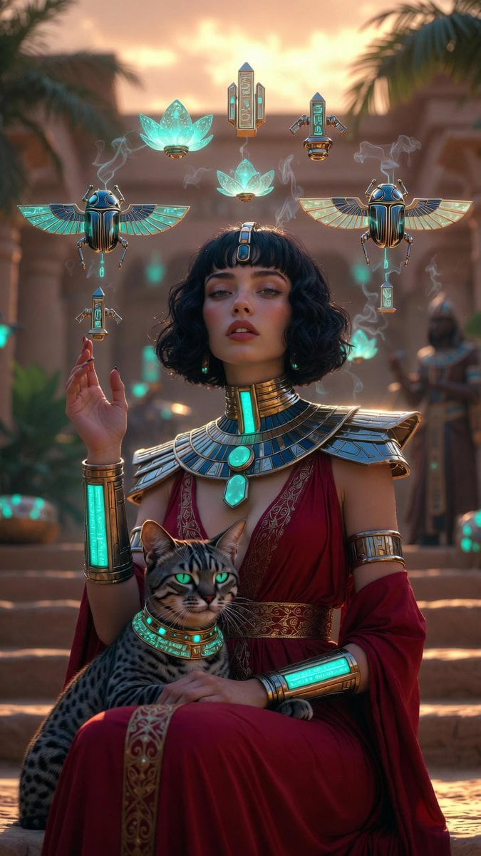 Photorealistic retro-futuristic Egyptian cyberpunk queen seated regally on polis
