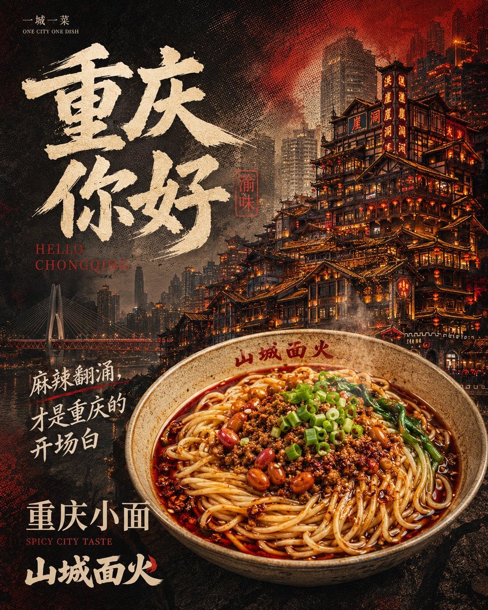 生成一张《城市味觉档案 City Flavor Archive》系列海报，主题为“One City, One Dish / 一城一菜”。

城市：[城市名]
代