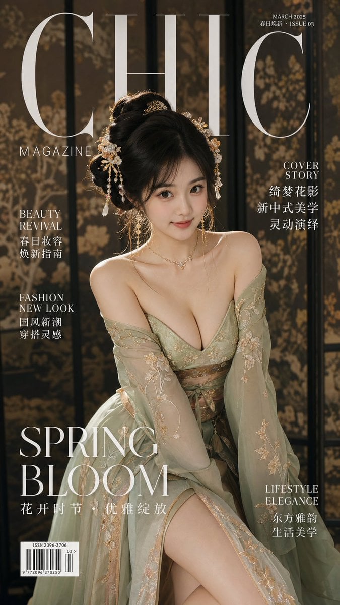 顶尖现代时尚杂志封面大片，一位20岁左右的国风美女，身着改良版华丽古装（汉服元素）。她拥有丰腴匀称的沙漏型身材，裁剪得体的古装完美勾勒出优美曲线。神态灵动娇俏，