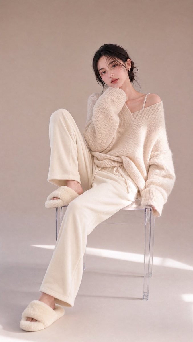 Luxury pastel editorial portrait, beautiful young woman seated on a transparent 