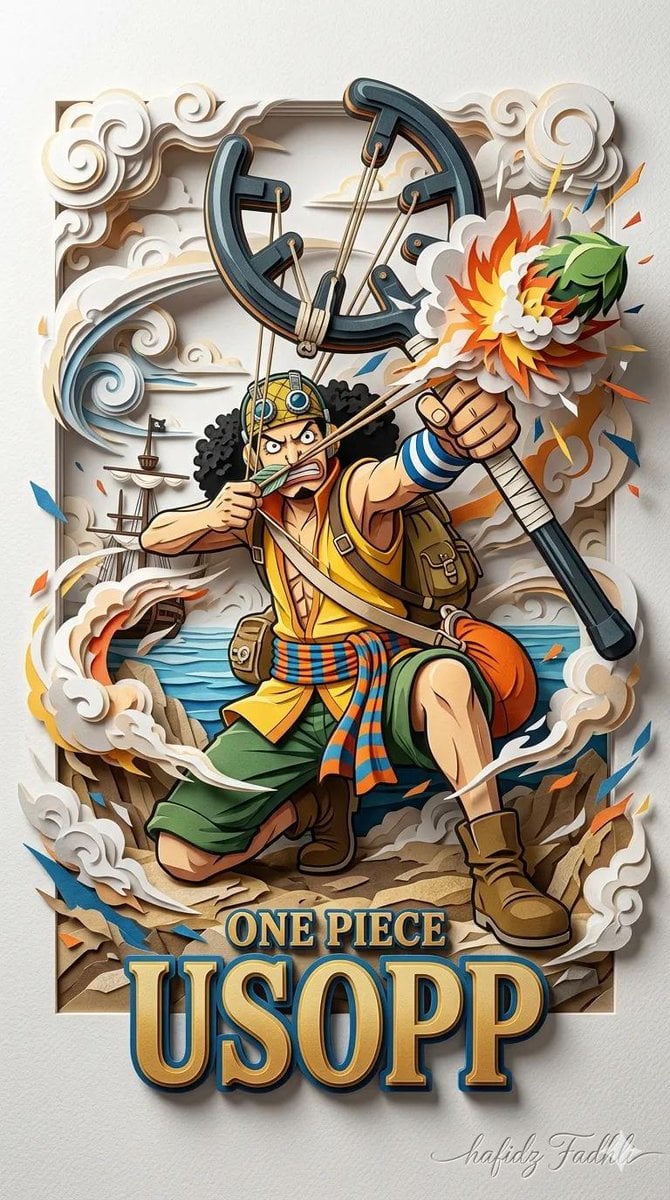 Ultra-detailed 3D layered papercraft anime poster, dynamic anime hero emerging f