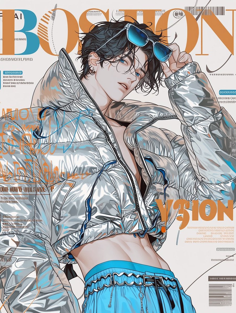 A magazine cover design featuring a [여/남], wearing a metallic silver cropped puf