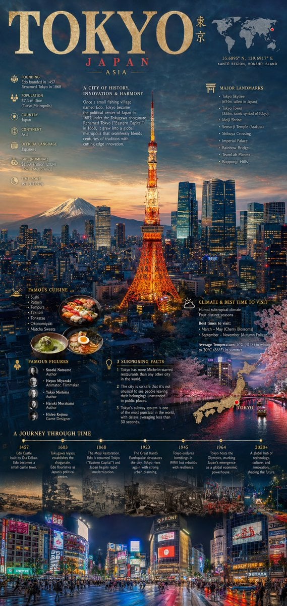 A cinematic editorial infographic poster for [city name], featuring the city’s m