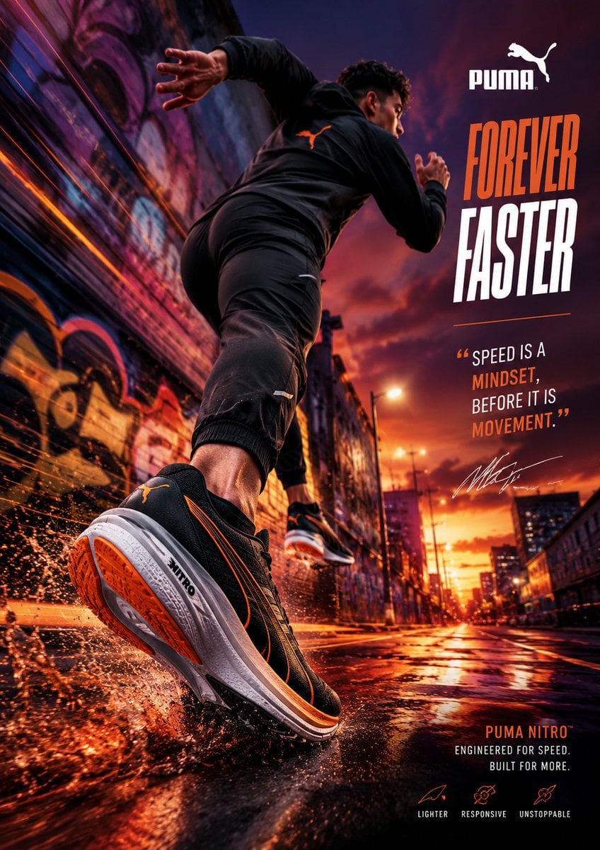 Create an ultra-premium footwear advertising poster designed by a world-class cr