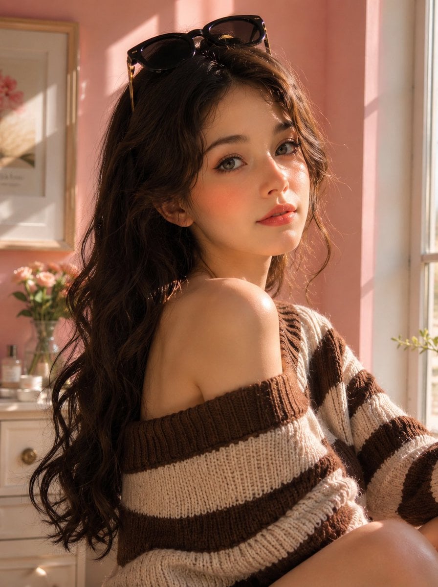 Create an ultra-realistic Korean beauty lifestyle portrait of a charming young w