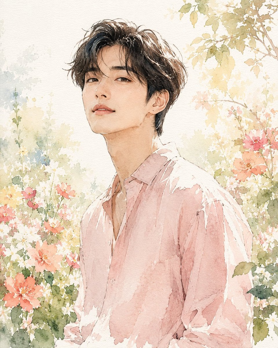 Fashion editorial watercolor portrait illustration of a young Korean man and wom