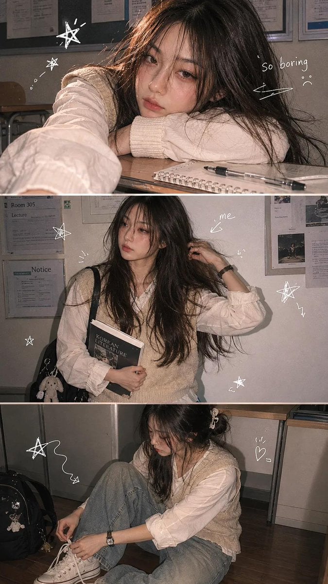 A vertical 3-panel college photo strip. The subject is a girl with long hair in 