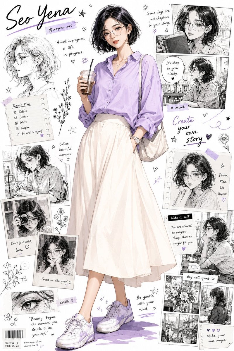 Semi-realistic anime-inspired portrait of a stylish young Korean woman with a sh