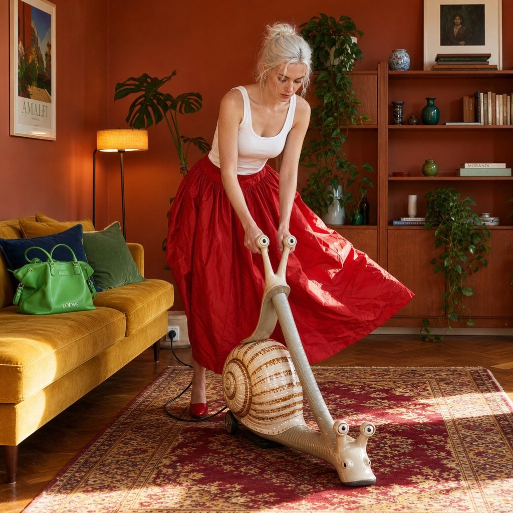 A straight-on,
editorial-style fashion photograph captures a 27-year-old East As