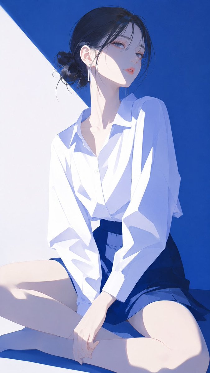 高端日系时装杂志封面感插画，主体为[韩国女孩]，极简现代时装数字插画风，精致赛璐璐上色，干净锐利的大色块塑形，几乎无线稿，边缘优雅清晰。画面保持蓝白骨架配色，同