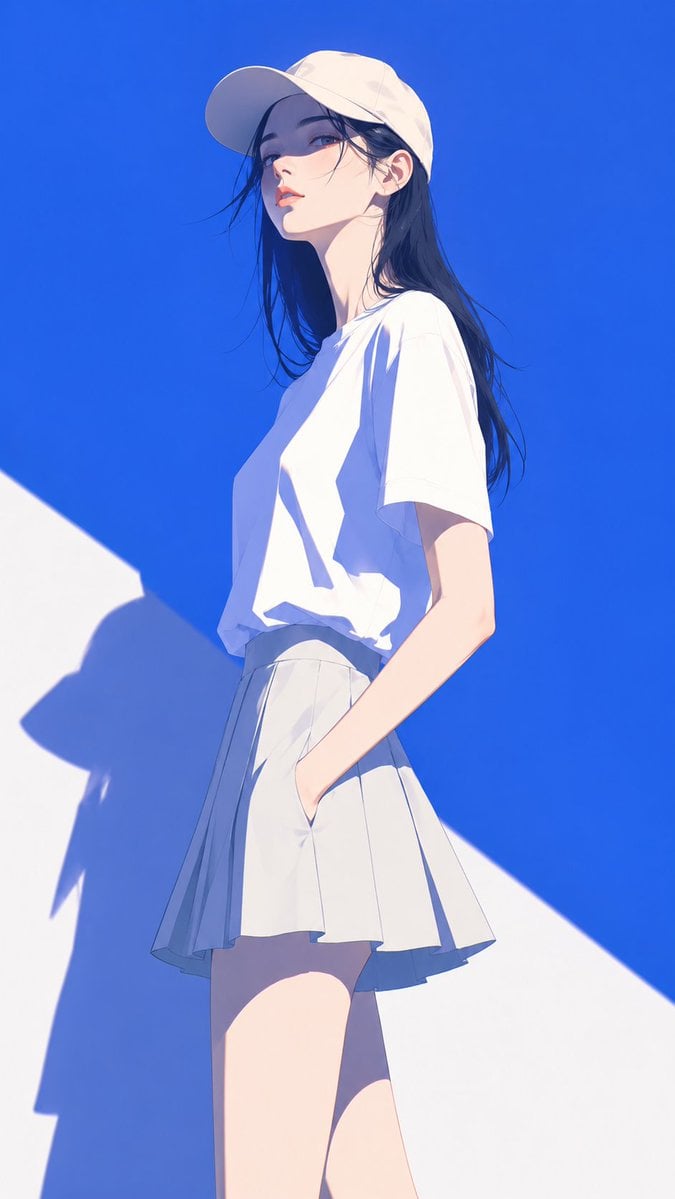 高端日系时装杂志封面感插画，主体为[韩国女孩]，极简现代时装数字插画风，精致赛璐璐上色，干净锐利的大色块塑形，几乎无线稿，边缘优雅清晰。画面保持蓝白骨架配色，同