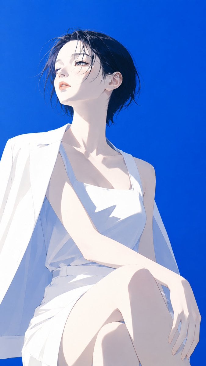 高端日系时装杂志封面感插画，主体为[韩国女孩]，极简现代时装数字插画风，精致赛璐璐上色，干净锐利的大色块塑形，几乎无线稿，边缘优雅清晰。画面保持蓝白骨架配色，同