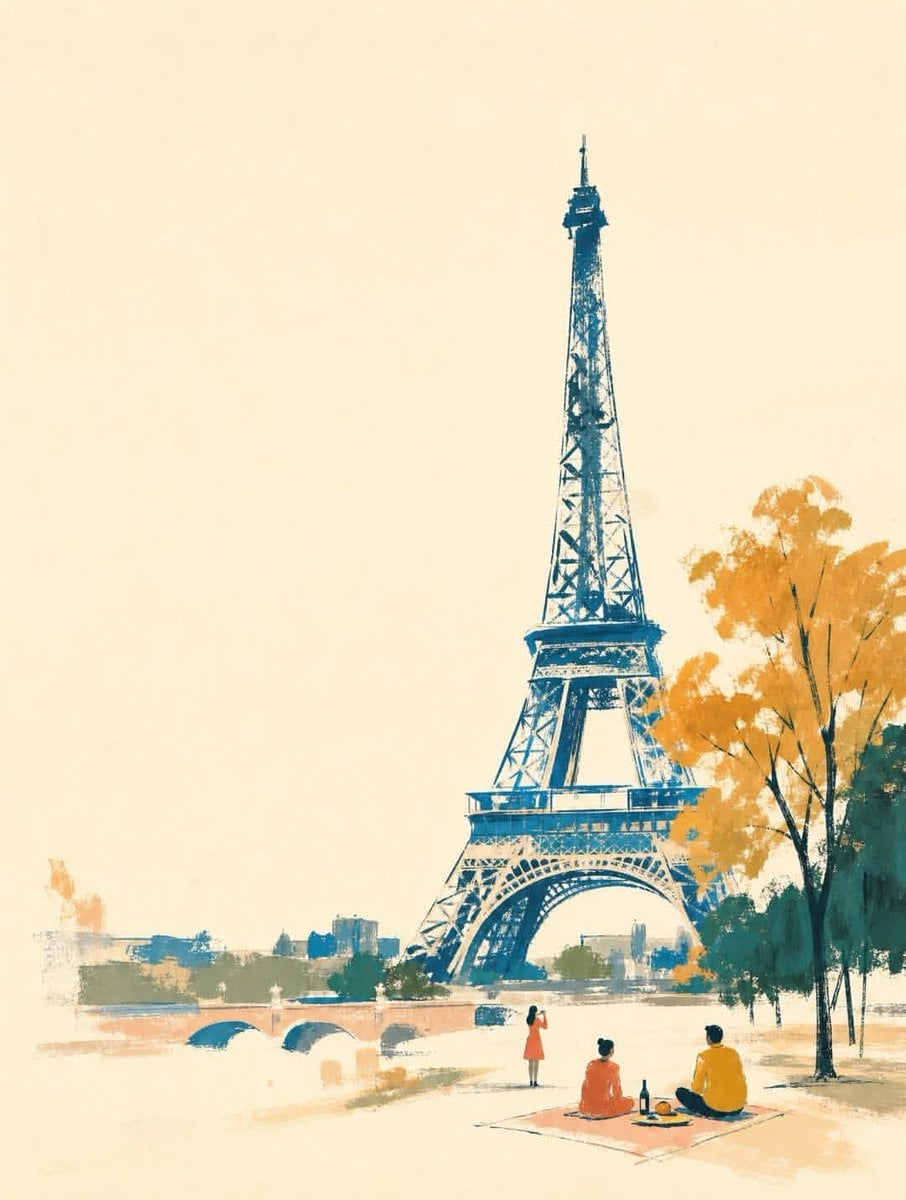 A wide horizontal landscape hand-painted illustration of [Landmark Name] in [Cit