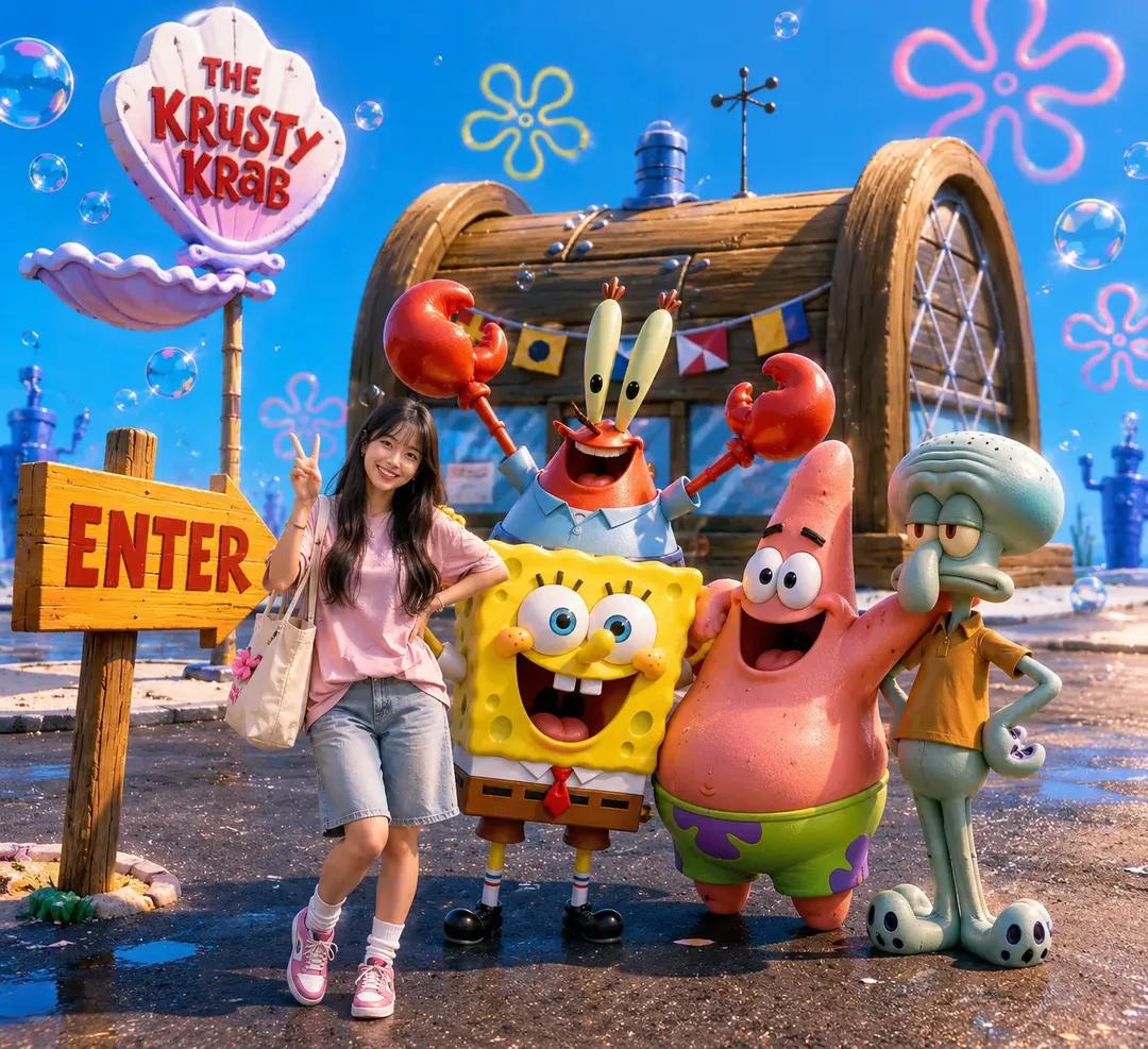 A realistic 3D live-action style photo of a cheerful young Asian woman with long