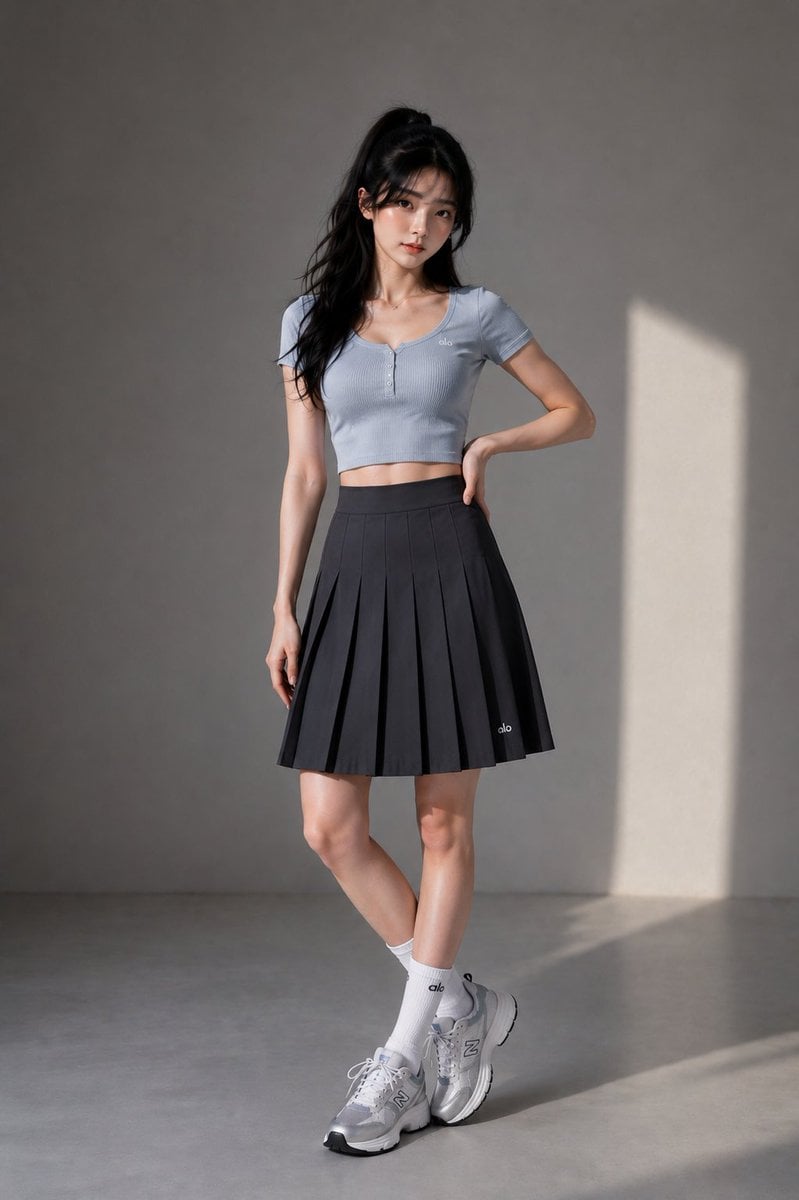 Ultra-realistic full-body fashion editorial photograph of a beautiful young East