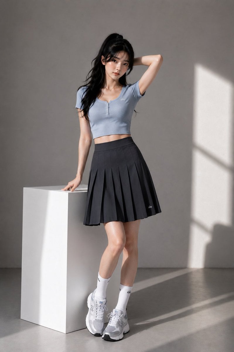 Ultra-realistic full-body fashion editorial photograph of a beautiful young East