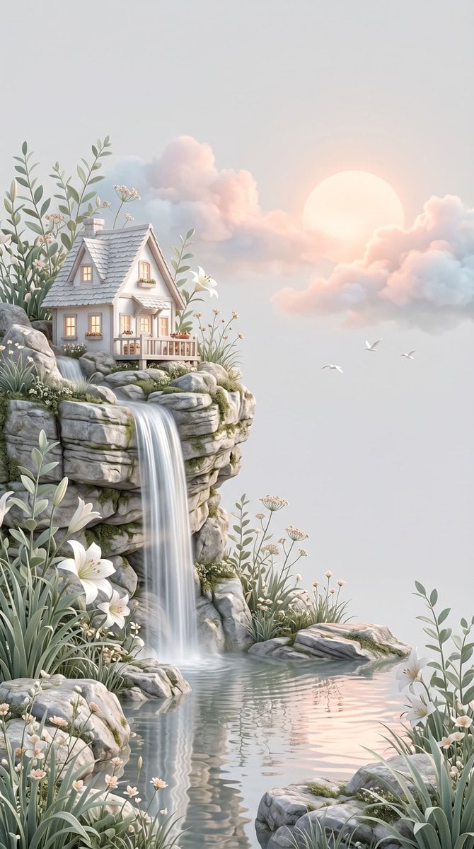 dreamy surreal 3D illustration, vertical composition with a minimalist pale gray